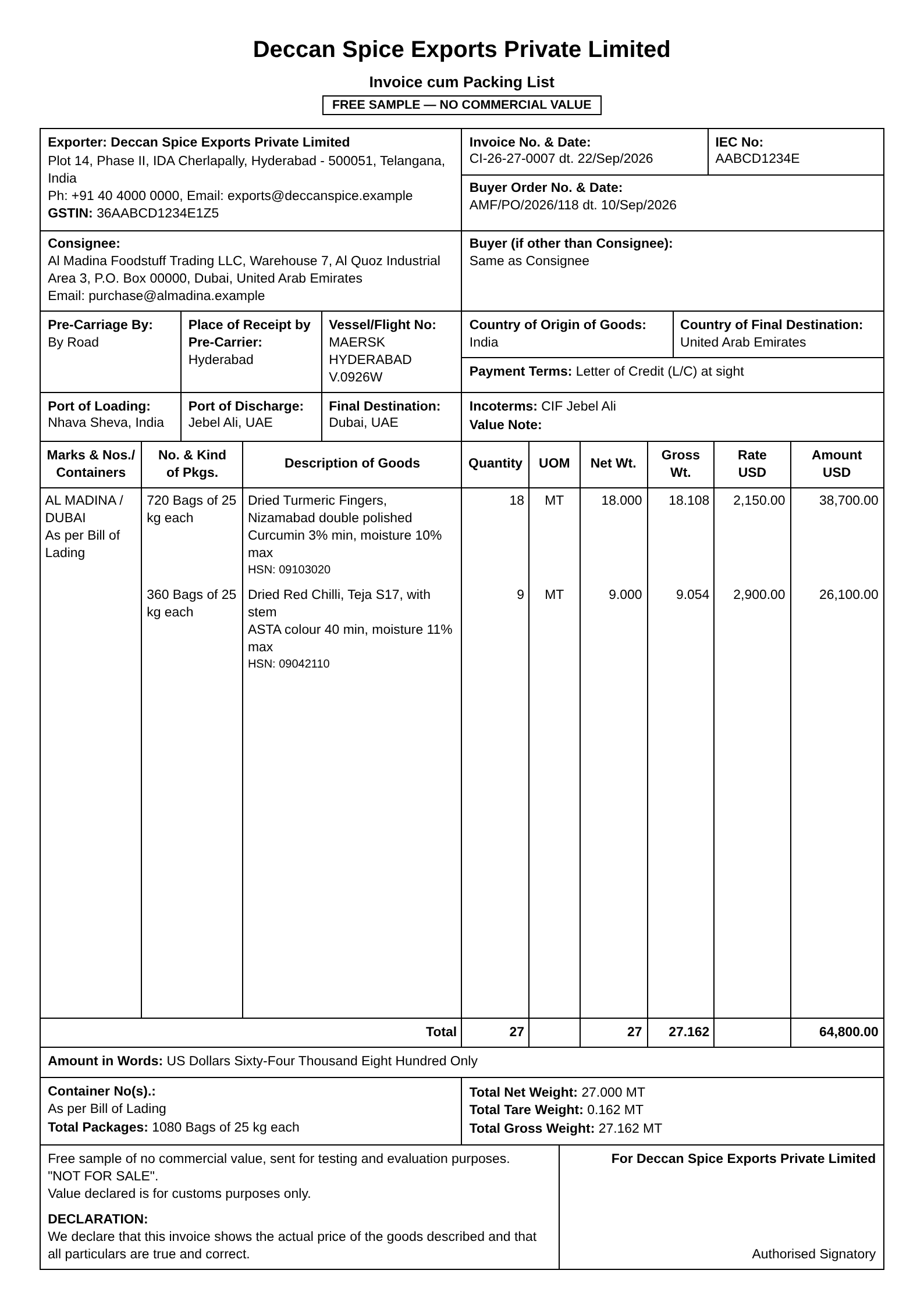 FOC invoice cum packing list for samples