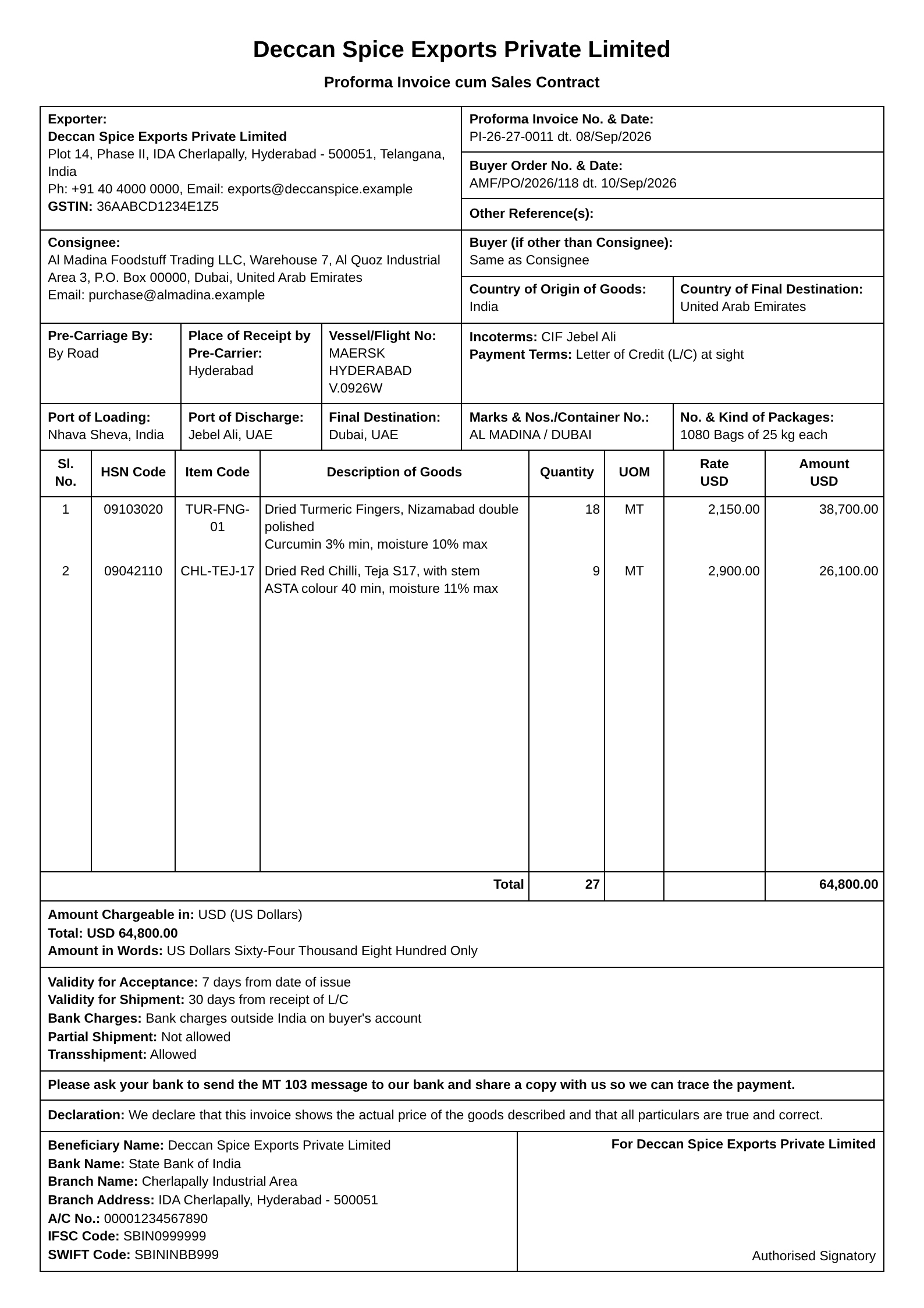 Proforma invoice cum sales contract
