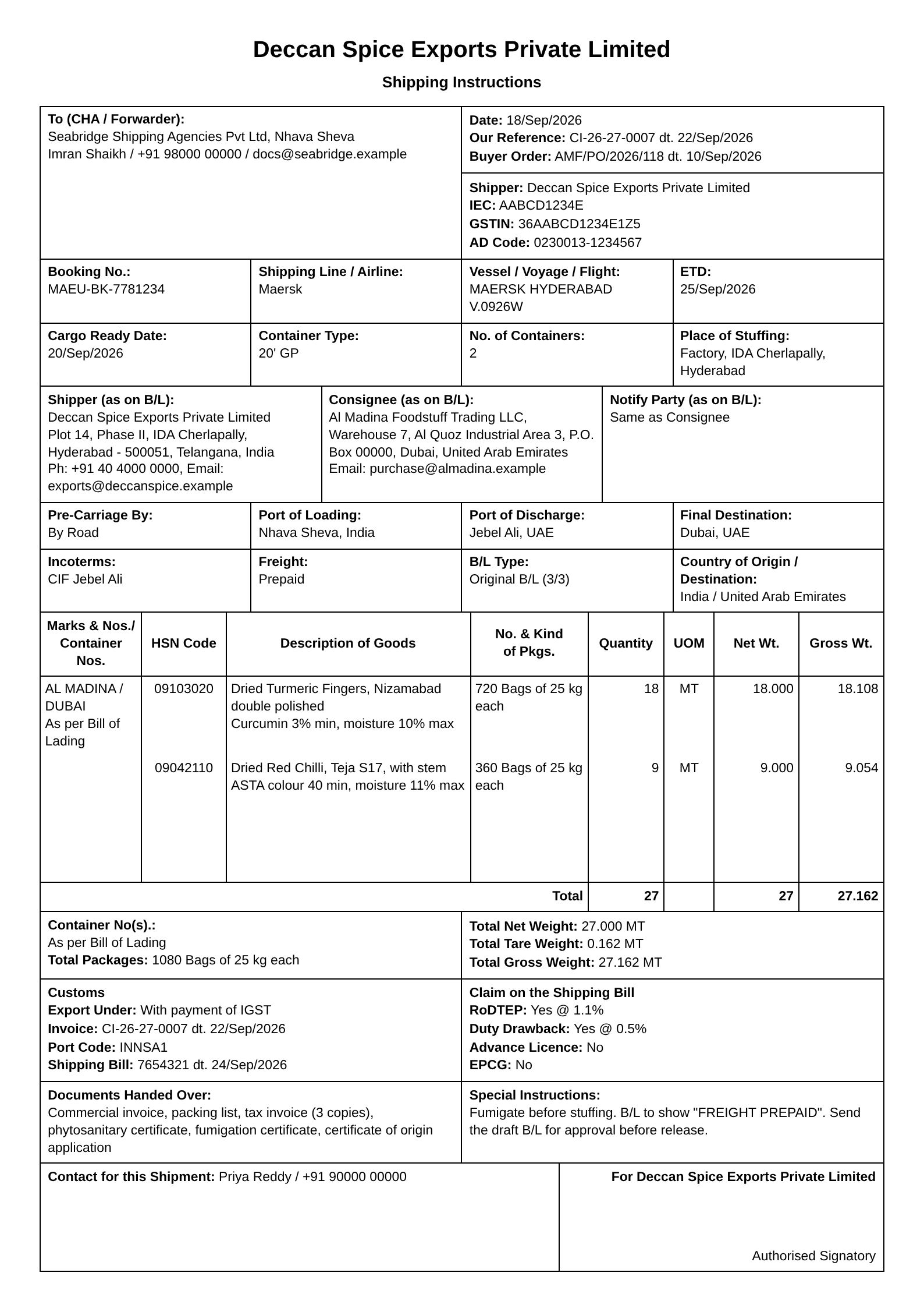 Shipping instructions for the CHA or forwarder